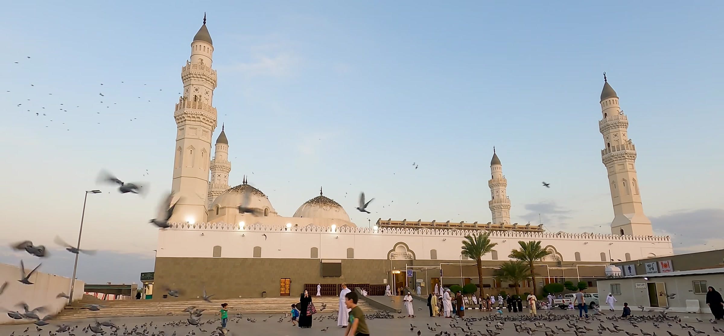 Birds in flight above Masjid Quba in Madinah.