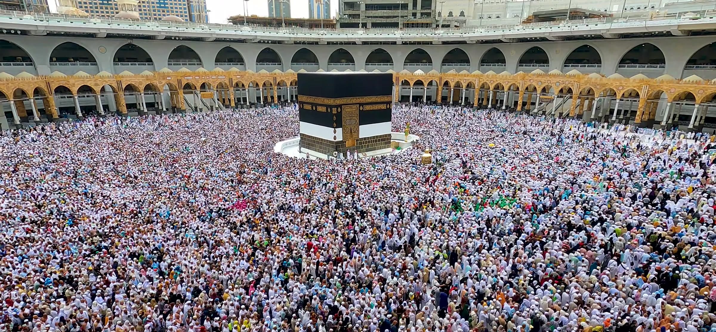 Pilgrims performing tawaf around the Ka'bah at Masjid al-Haram.